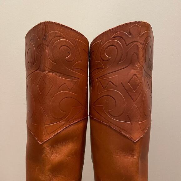 Vintage 80s Leather Boots 7 | Made in Brazil, Embossed Western Riding Boots, NEW - Picture 5 of 9